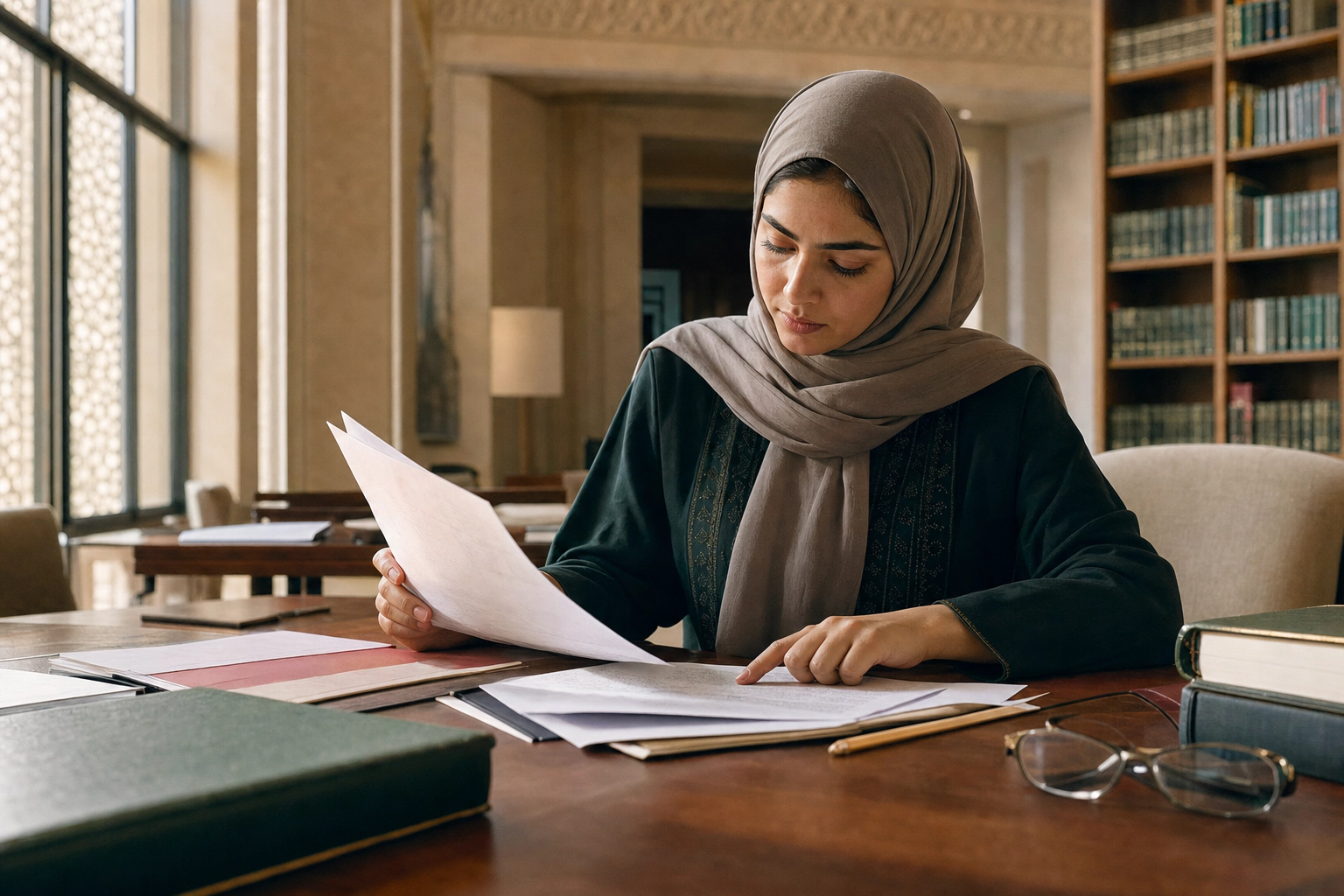 Illustrative photoreal scene of a Gulf researcher comparing policy documents in a university library.